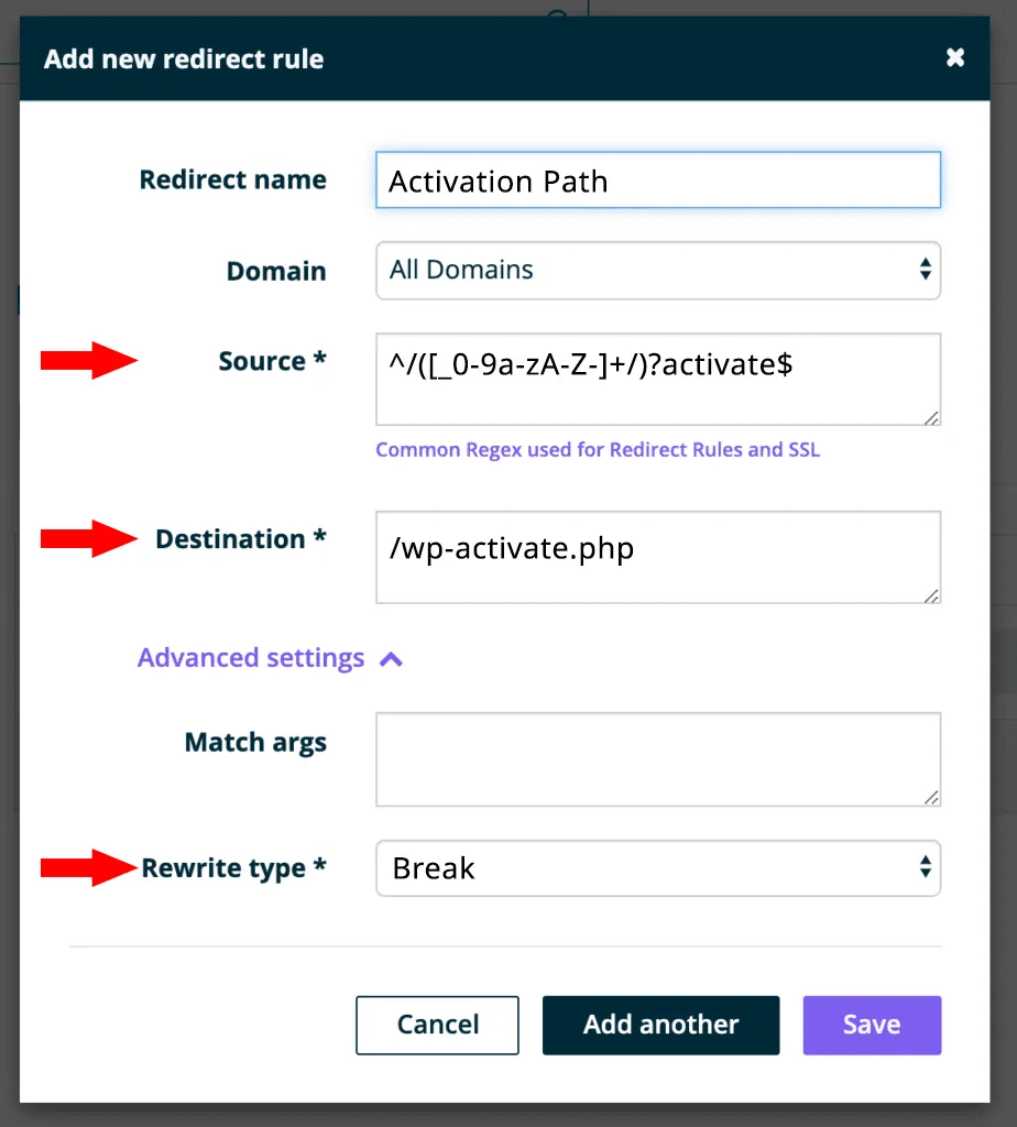 Adding the old URL and the new destination URL