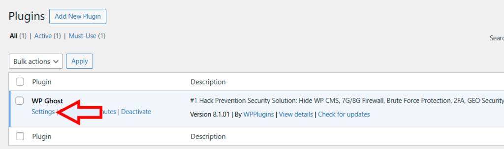 WP Ghost settings link