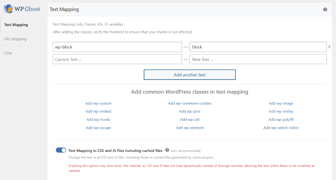 Text Mapping in CSS and JS files including caches