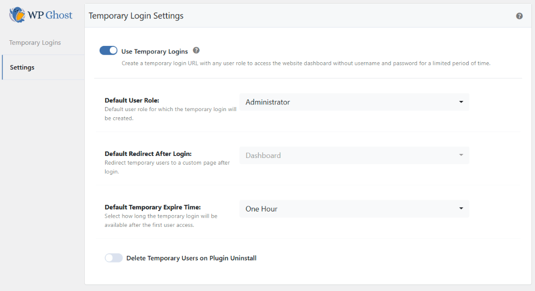 Temporary Login Settings