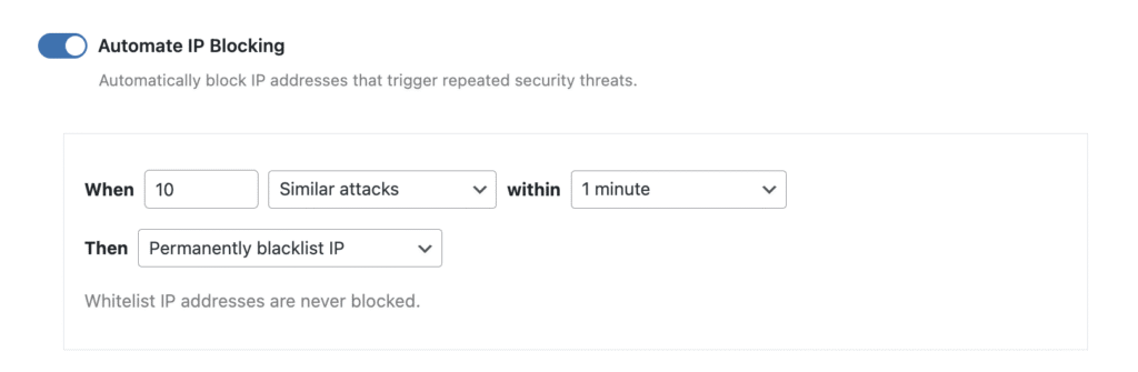 WP Ghost Automated IP Blocking configuration with attack threshold and time window