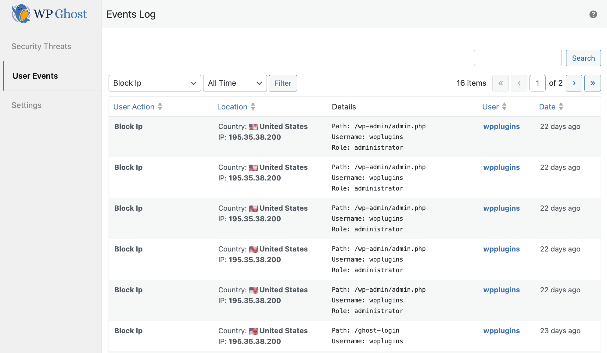 WP Ghost Events Log filter showing blocked IPs and event type selection