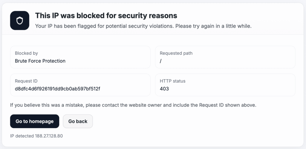 WP Ghost IP blocked message shown to permanently banned attackers
