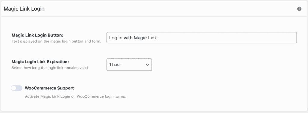 WP Ghost Magic Login settings showing button text, link expiration, and WooCommerce toggle