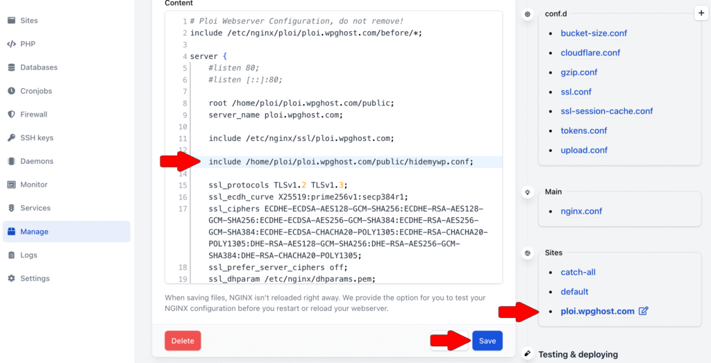 Ploi.io Nginx configuration editor showing the hidemywp.conf include line added before the SSL definition