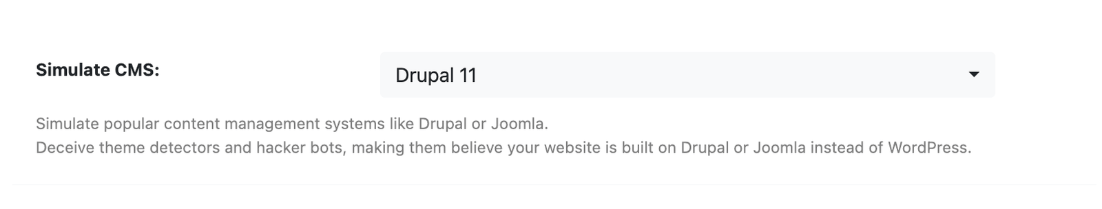 WP Ghost CMS Simulator dropdown showing Drupal and Joomla options