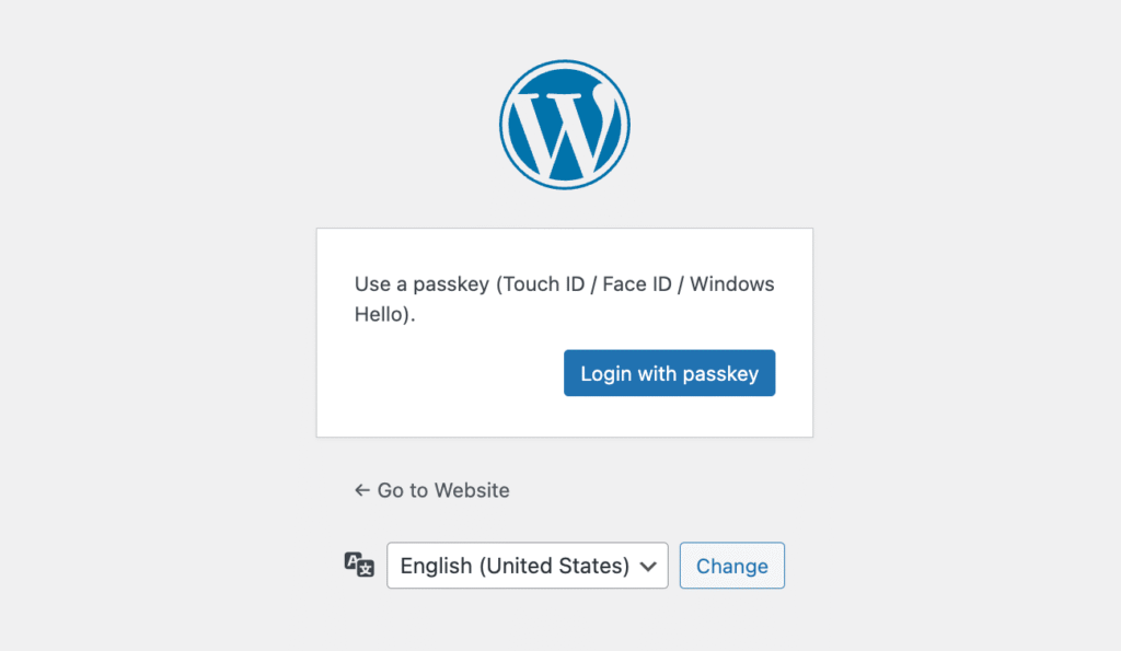WordPress login with Passkey authentication prompt after password entry