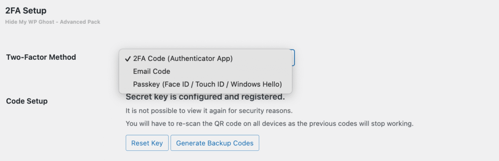 User profile showing 2FA method selection when User Choice is enabled