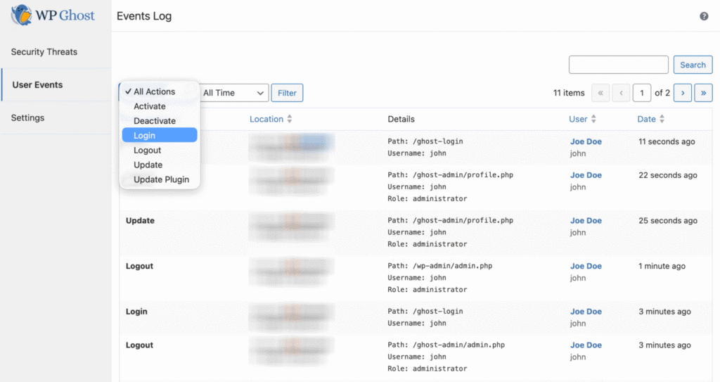WP Ghost Events Log report showing user actions with timestamps and details in the WordPress dashboard