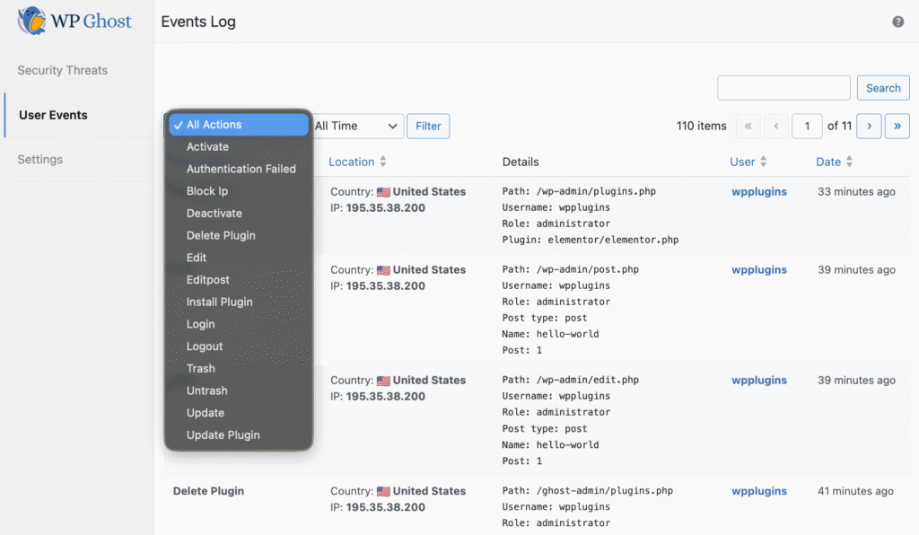 WP Ghost User Events Log report showing user actions, login attempts, IP addresses, and timestamps