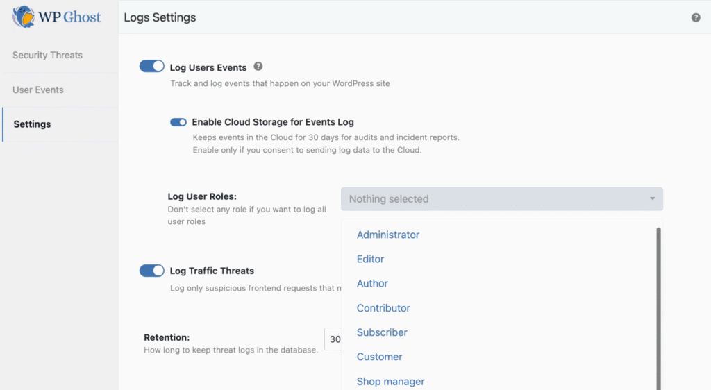 WP Ghost User Events Log activation settings with user role selection and cloud storage toggle