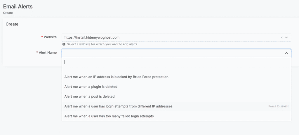 WP Ghost Dashboard email alert creation with predefined security alert options