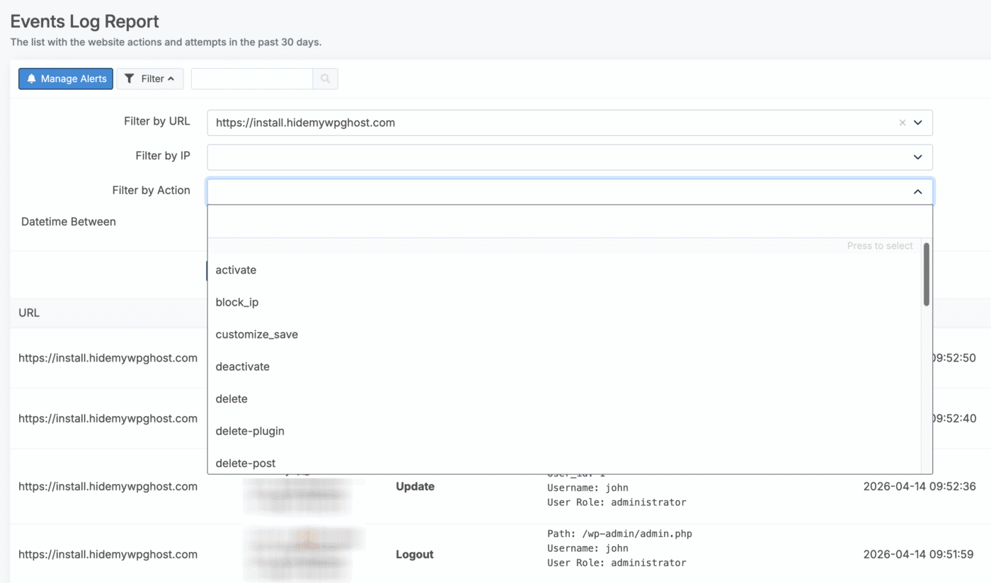 WP Ghost Dashboard cloud Events Log accessible from any device with multi-site filtering