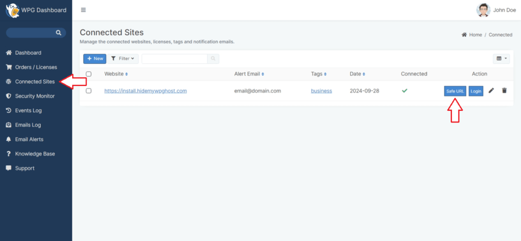 Access the Safe URL from WP Ghost Dashboard