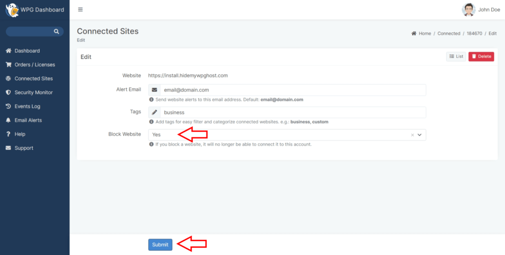WP Ghost Dashboard edit panel showing the Block Website option set to Yes