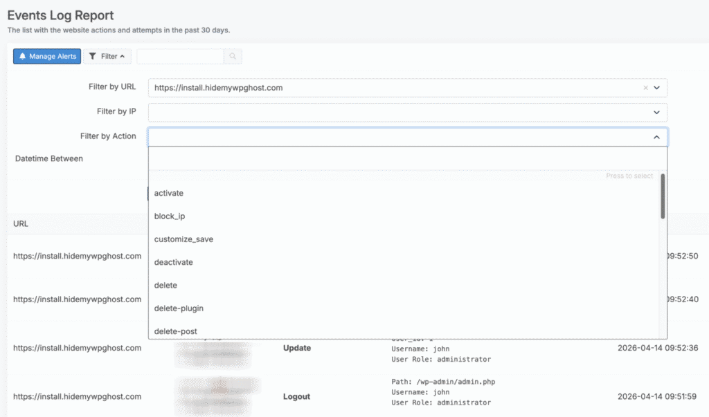 WP Ghost Dashboard User Events Log with cloud-stored activity records from connected WordPress sites