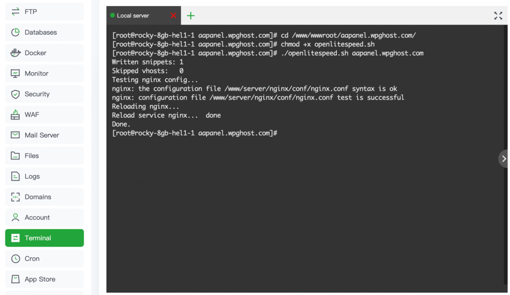 aaPanel terminal showing script output with Testing nginx config, Reloading nginx, and Done messages