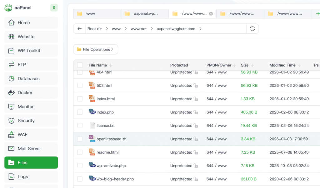 aaPanel file manager showing the upload dialog for the openlitespeed.sh script
