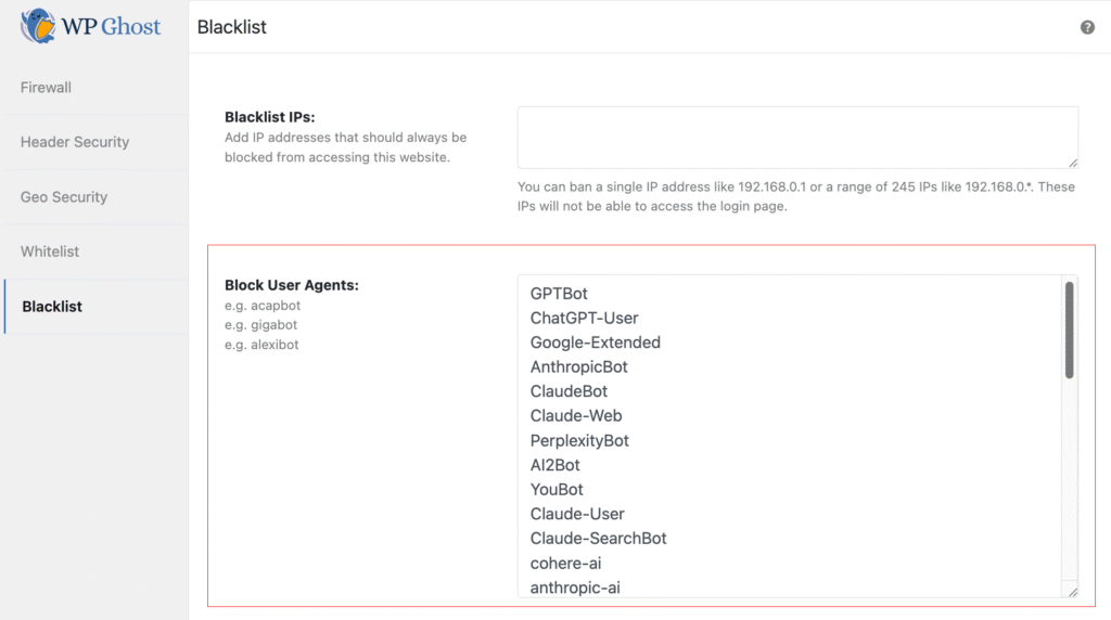 WP Ghost AI crawler user agent blocking showing GPTBot, ClaudeBot, PerplexityBot and others