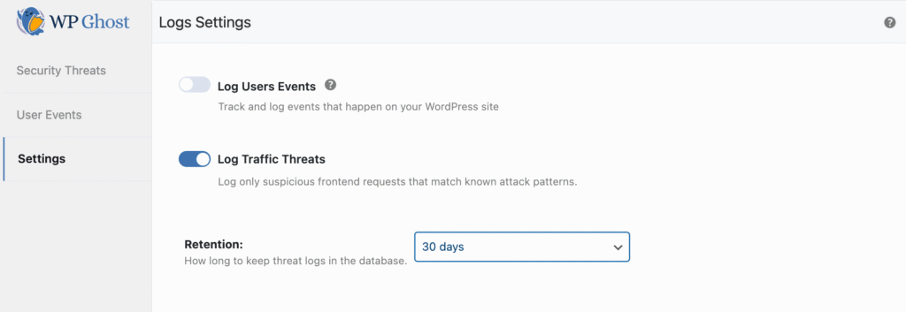 WP Ghost Security Threats Log activation with retention period setting