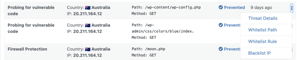 WP Ghost threat response actions: Whitelist Path, Whitelist Rule, Blacklist IP