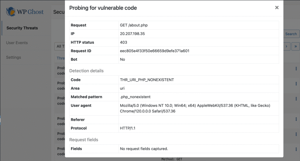 WP Ghost Threat Details panel showing full request path, IP, detection rule, user agent, and status