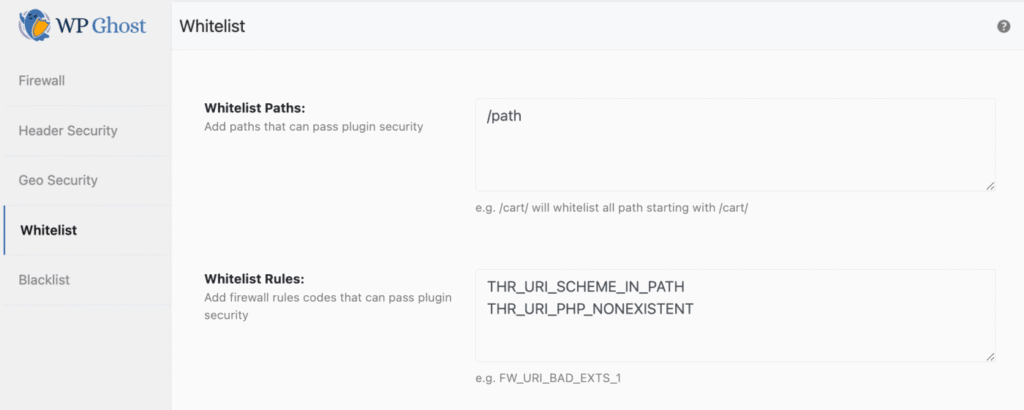 WP Ghost centralized whitelist and blacklist management showing paths, rules, and blocked IPs