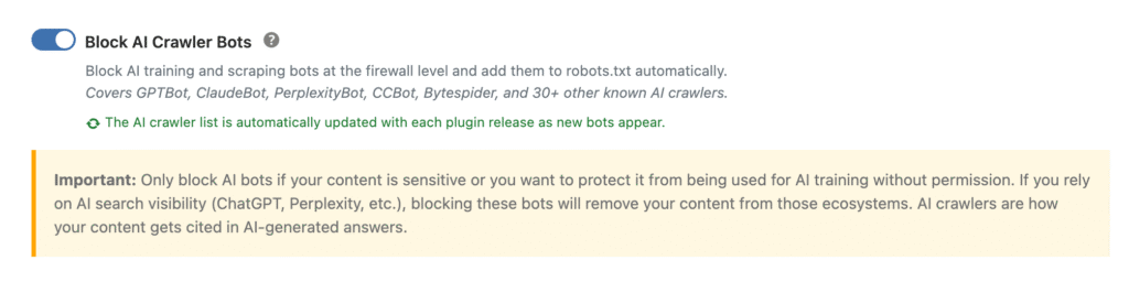 WP Ghost Block AI Crawler Bots toggle covering GPTBot, ClaudeBot, and 30+ crawlers