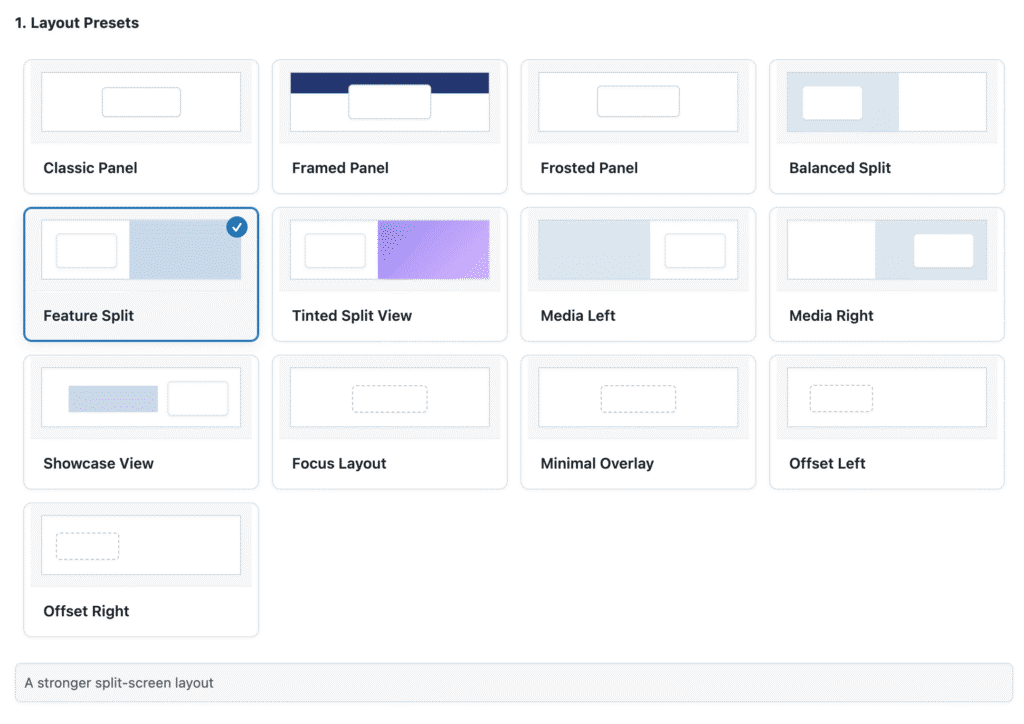 WP Ghost login page layout presets showing Classic, Split, and Minimal options