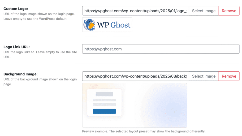 WP Ghost custom logo and background image configuration for login page