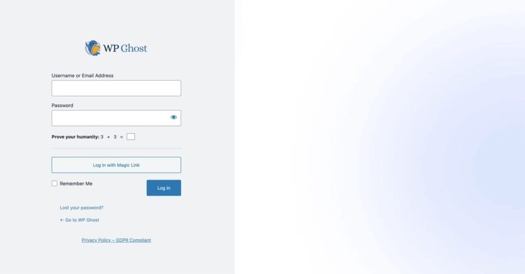 Example of a branded WordPress login page created with WP Ghost