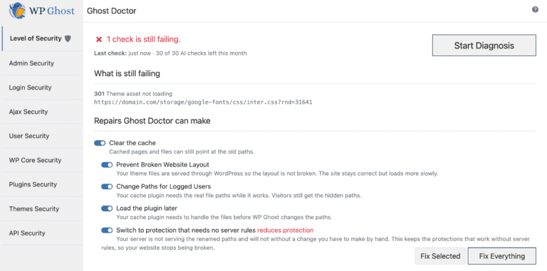 A WP Ghost site diagnostic panel showing prioritised findings with one-click repair and undo controls, illustrating the Ghost Doctor feature in version 9.1