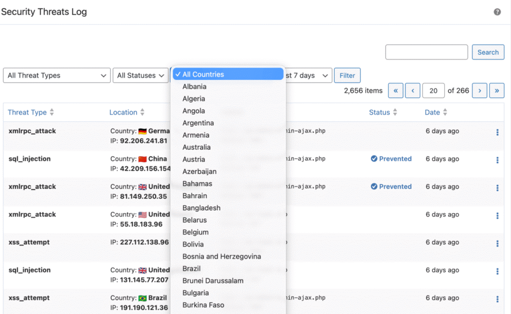 Country filtering inside WP Ghost Security Threats Log