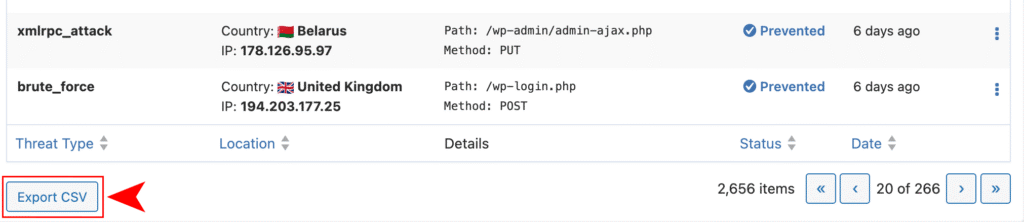 CSV export button below WP Ghost security log table