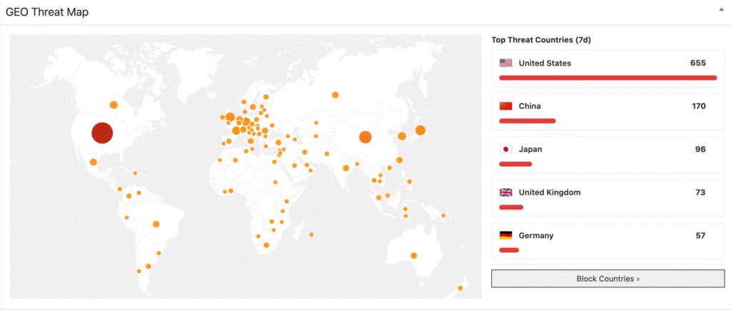 Interactive GEO Threat Map showing blocked WordPress attacks by country