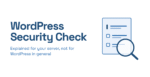 A WordPress security check report on a laptop screen with findings ranked by real risk